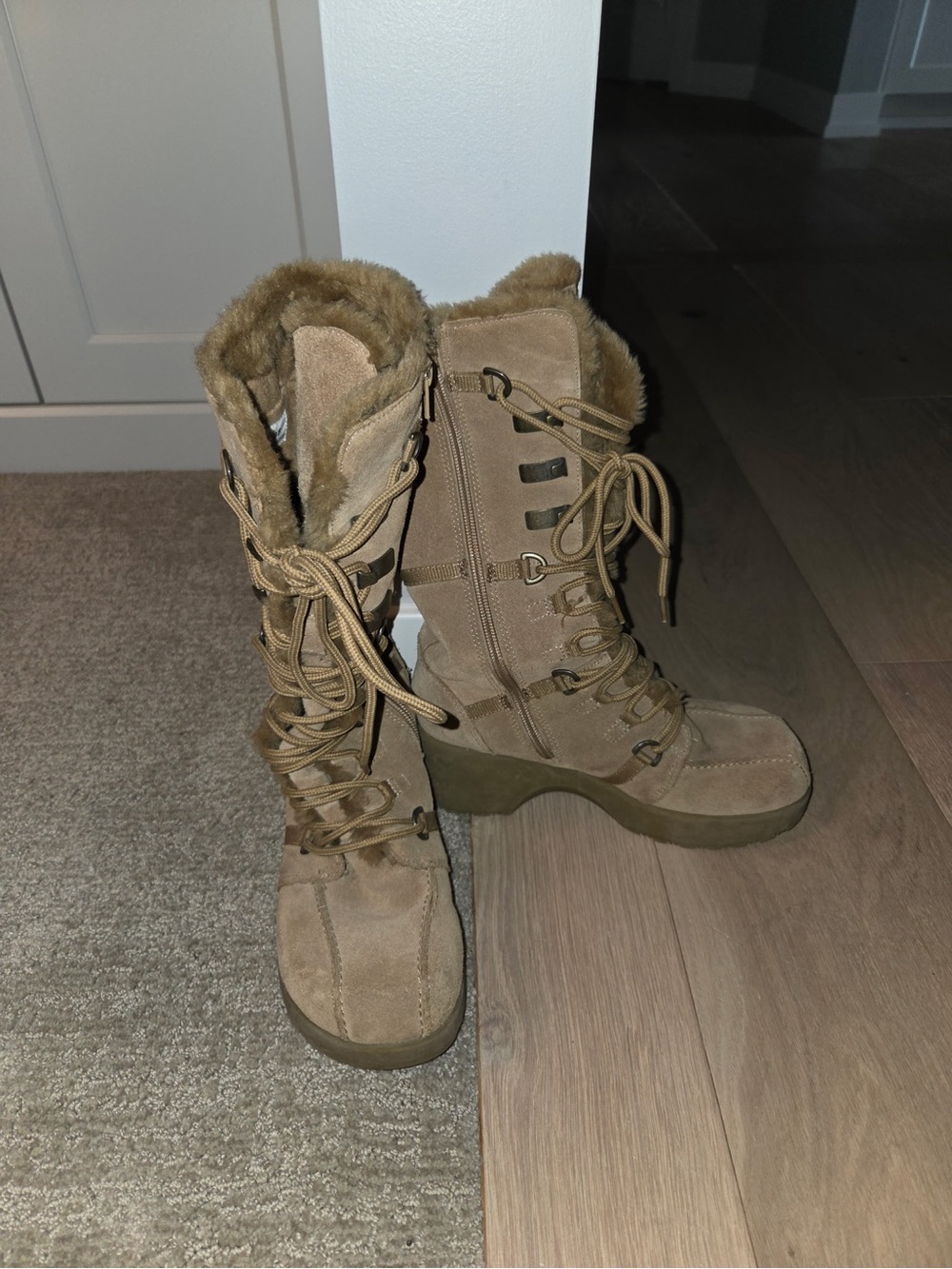 Aldo Tan Suede Lace-Up Fur-Trim Wedge Boots